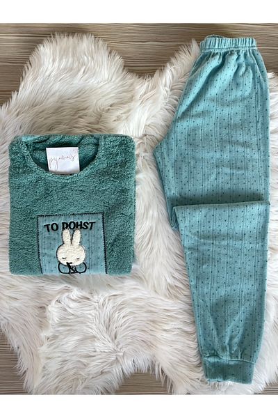 Pijamacs Set de pijamale din lână cu model iepure verde