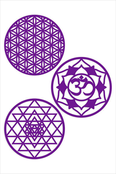 UNT Floarea vieții din lemn, Sri Yantra și simbolul Om, pictură decorativă triplă, ornament de perete 30 cm