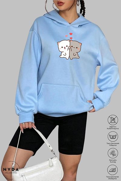 Nyda Collections Hanorac unisex cu mânecă lungă cu imprimeu inimă - bumbac supradimensionat cu glugă