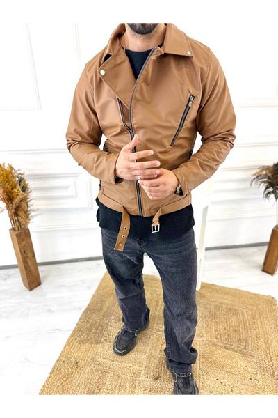 elkumoda Δερμάτινο μπουφάν Διαγώνιο φερμουάρ Ζώνη New Season Pocket Δερμάτινο παλτό