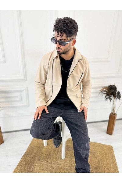 elkumoda Δερμάτινο μπουφάν Διαγώνιο φερμουάρ Ζώνη New Season Pocket Δερμάτινο παλτό