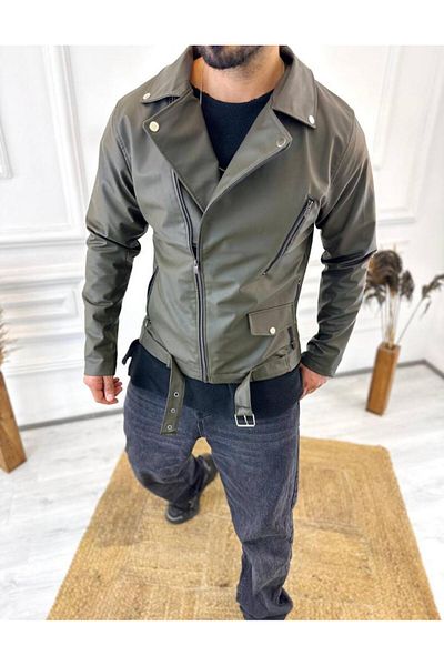elkumoda Δερμάτινο μπουφάν Διαγώνιο φερμουάρ Ζώνη New Season Pocket Δερμάτινο παλτό