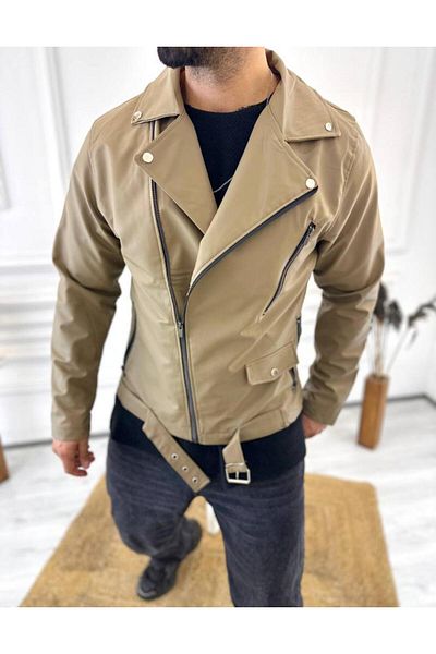 elkumoda Δερμάτινο μπουφάν Διαγώνιο φερμουάρ Ζώνη New Season Pocket Δερμάτινο παλτό