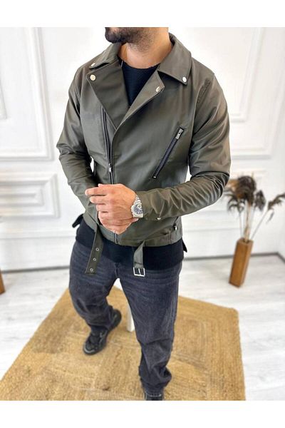 elkumoda Δερμάτινο μπουφάν Διαγώνιο φερμουάρ Ζώνη New Season Pocket Δερμάτινο παλτό