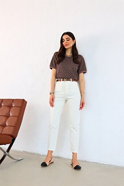 WODDİ Pantaloni Mom Jean cu talie normală pentru femei Leda