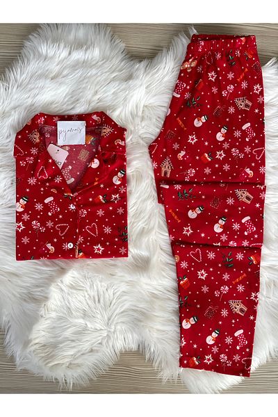 Pijamacs Červený vánoční vzorovaný semišový pyžamový límec s dlouhým rukávem