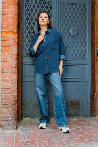 Maule Indigo Women's Oval Shirt - 100% Cotton, 21 Corduroy, Snap Fastener, Double Pocket @Trieste