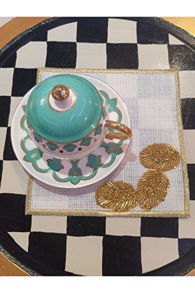 Seda Home Art Handmade Gold Yaprak Model Sırma Boncuk İşlemeli 6'Lı Kahve Yan...