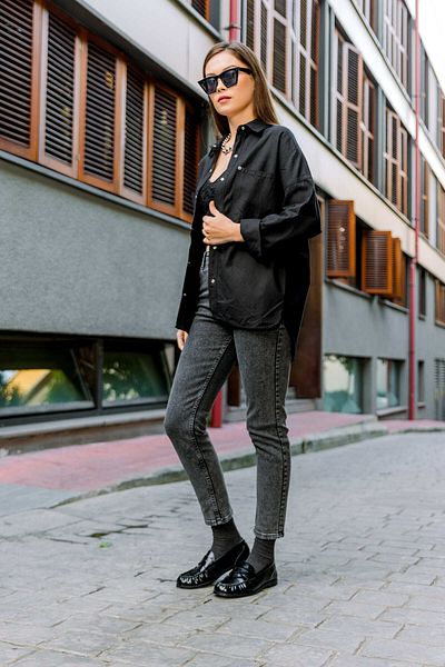 Maule Black Gabardine Cotton - Snap Fastener, Double Pocket, Off-Shoulder Oversize Shirt @Livorno