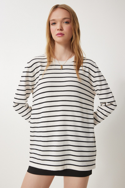 Lovelyİstanbul Екрю черен раиран сезонен трикотажен пуловер - LKB0008