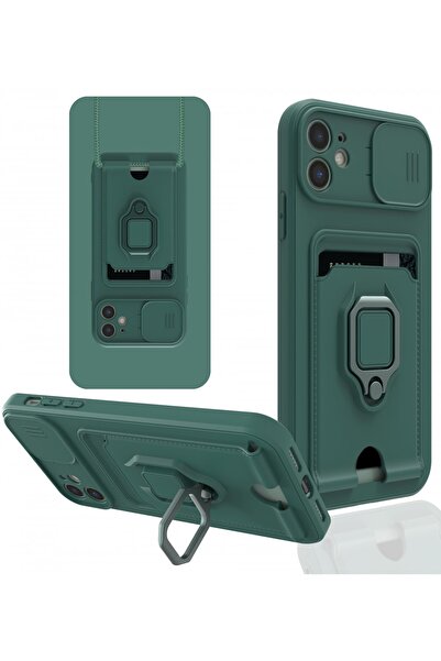 cepmoda حافظة آيفون 11 مع حامل بطاقة وحلقة/حامل وحماية للكاميرا باللون الأخضر