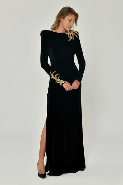 ALFABETA Velvet Long Evening Dress with Padded Leather Slit - Decollete and Shoulder Accessories