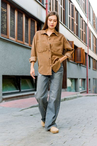 Maule 21 Ribbed Beige Velvet Shirt - 100% Cotton, Snap Fastener, Double Pockets @Trieste