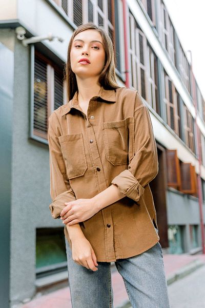 Maule 21 Ribbed Beige Velvet Shirt - 100% Cotton, Snap Fastener, Double Pockets @Trieste