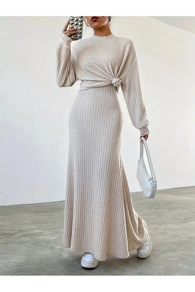 Wild Flower Beige Long Sleeve Round Collar Bottom Top Slinky Dress Set