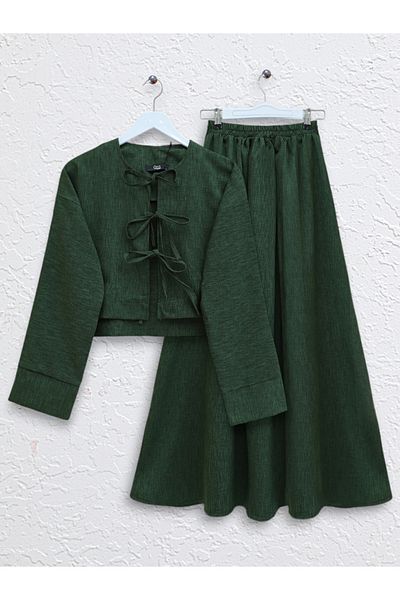 Modamorfo Emerald Color Double Tie Jacket and Skirt Set