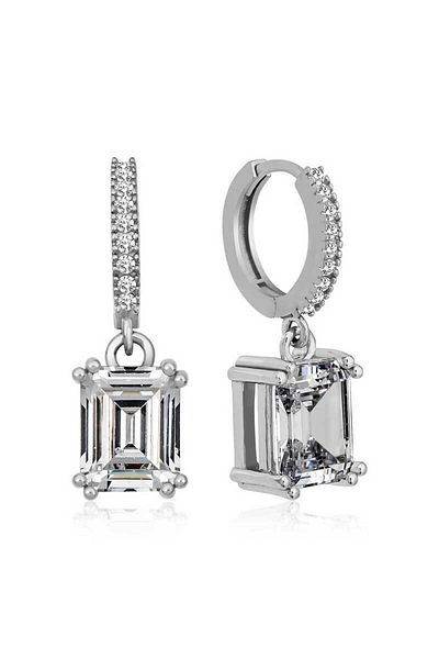 Skygo Stone Detailed Silver Hoop Earrings - Baguette Design