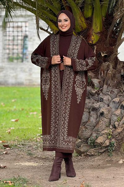 Bym Fashion Ασημί έθνικ μοτίβο Πλεκτό Ζακέτα 18189 Καφέ