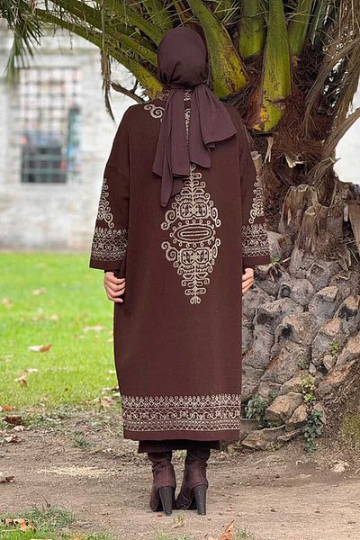 Bym Fashion Ασημί έθνικ μοτίβο Πλεκτό Ζακέτα 18189 Καφέ