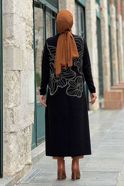 Bym Fashion Glittered Flower Embroidery Detailed Knitwear Tunic 18191 Black-Gold
