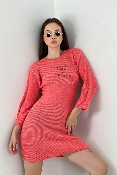Miss Poem Women's Crew Neck Long Sleeve Loose Coral Mini Knitwear Dress