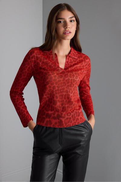 JOIN US Polo Yaka Leopar Baskılı Triko Bluz
