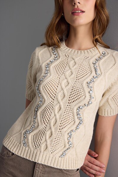 JOIN US El İşi Taş İşlemeli Örgü Desenli Bej Triko Bluz