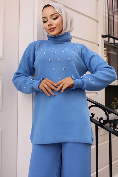 benguen Set de tricotaje albastre - Model 6077 cu detaliu de piatra