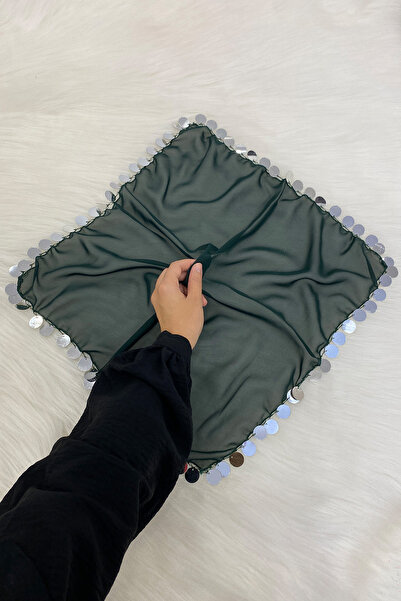 ZEYMERADE Büyük Boy Şifon Halay Mendili, 50x50cm Yeşil Gümüş 1 Adet, Gelin Da...