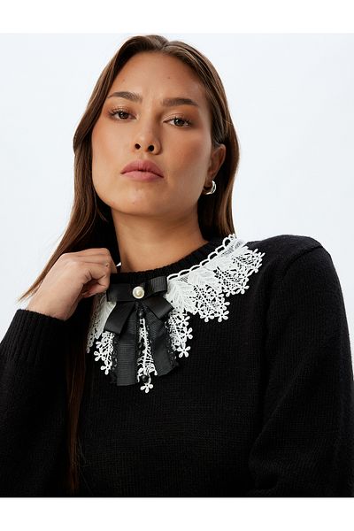 Koton Pulover din tricot cu mânecă lungă și guler din dantelă
