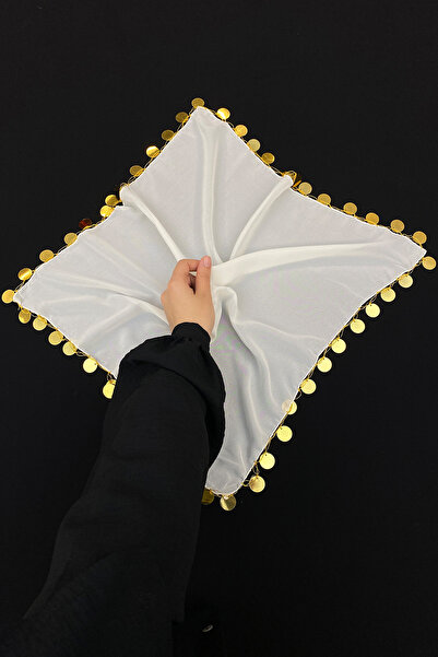 ZEYMERADE Büyük Boy Şifon Halay Mendili, 50x50cm Krem Gold 1 Adet, Gelin Dama...