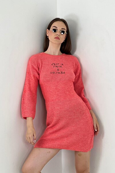 Miss Poem Women's Crew Neck Long Sleeve Loose Coral Mini Knitwear Dress