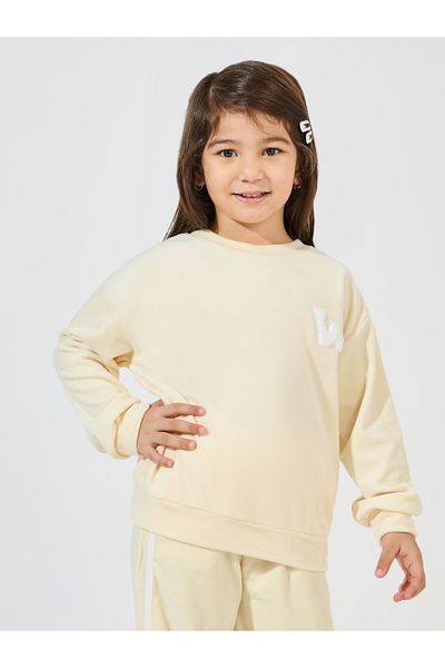 Styli Patch Detail Velvet Sweatshirt & Side Seam Striped Patch Pant Set