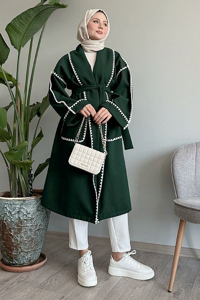 InStyle Shepherd's Stitch Belted Emerald Stash Coat