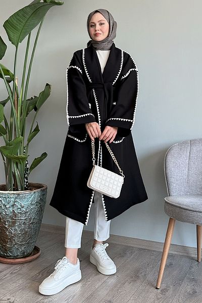 InStyle Shepherd Stitched Belted Black Cashmere Coat