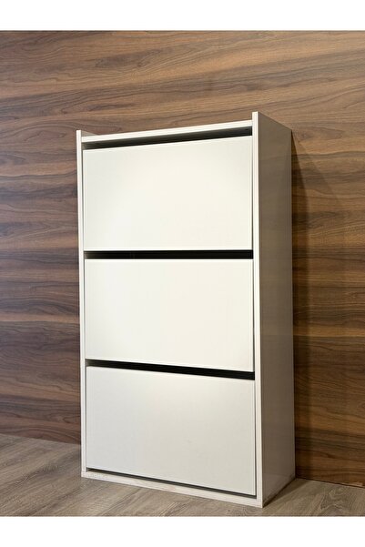 Home Düşer Kapaklı Ayakkabılık Kayar Raflı Ayakkabılık 3 Bölmeli Ayakkabılık Beyaz