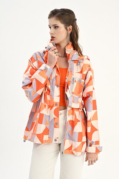 fehika Women's Pink Fuchsia White Printed Jacket Water Repellent Bondit Oversize Raincoat / Windbreaker