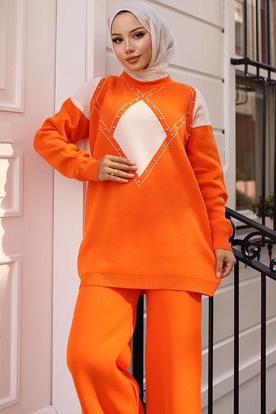 benguen 6211 Model - Diamond Patterned Orange Knitwear Set with Pearl Detail