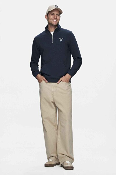 UCLA Ανδρικό φούτερ Leon Navy Blue με μισό φερμουάρ γιακά με κέντημα Standard Fit