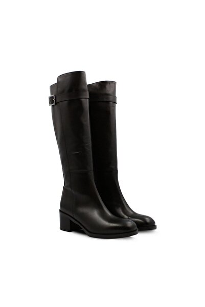 Vario Hakiki Deri Tokalı Topuklu Diz Altı Kadın Çizme Nature Nero (NATURE BLACK)