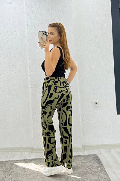 İrka Moda Crepe Fabric Leopard Green Pants