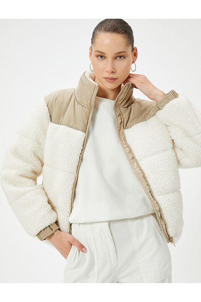 Koton Plush Puffer Jacket with Stand Collar and Zippered Pockets