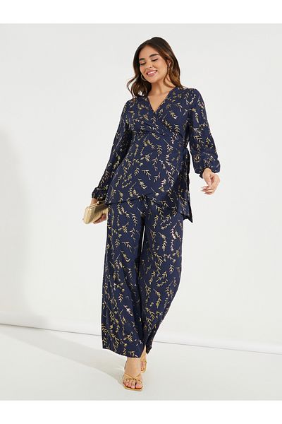 Styli Foil Print Wrap Top & Pants Co-Ords