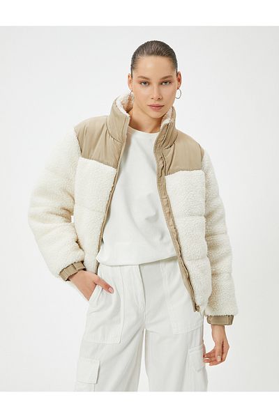 Koton Plush Puffer Jacket with Stand Collar and Zippered Pockets