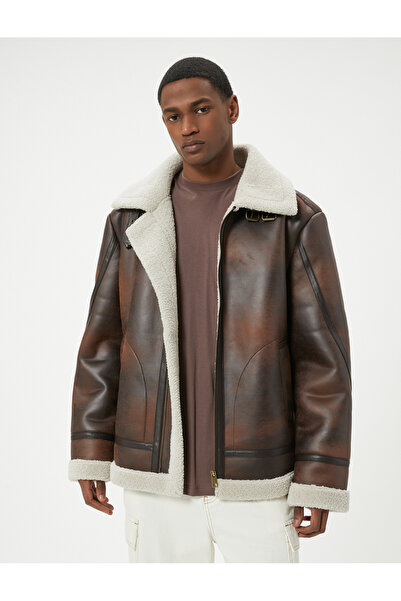 Koton Байкърско яке от изкуствена кожа, изтощен външен вид с кожена яка и джобове