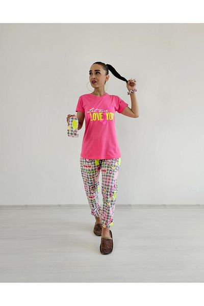6 butik altı üstü butik Plaid Patterned Pink Love You Pajama Set
