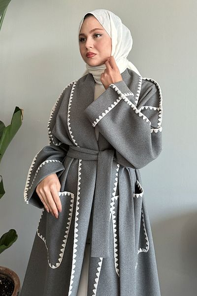 InStyle Shepherd Stitched Belted Gray Stamp Coat
