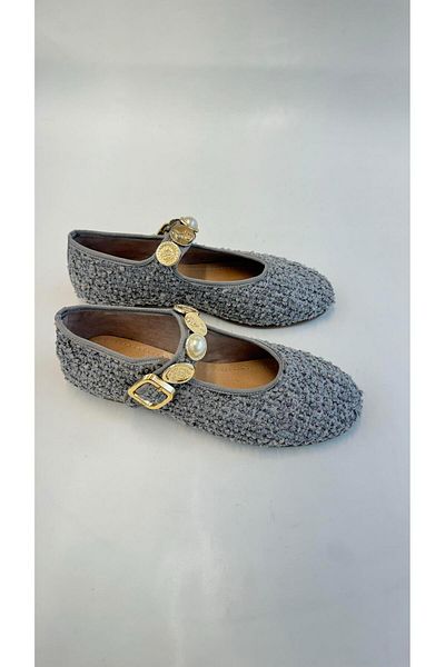 Eataly Shoes Balerini de damă din țesătură din tweed gri cu cataramă aurie