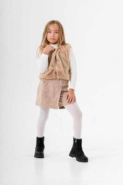 Minigimin Cicileri My Mini's Cicis 3-Piece Girl's Set with Fur Vest and Shorts Skirt - Camel