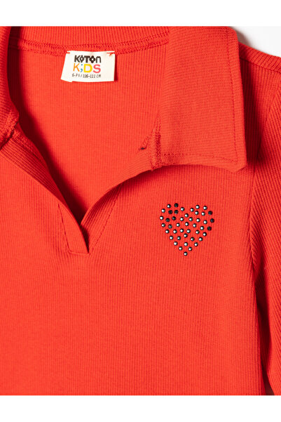 Koton Polo-Kragen-T-Shirt, langärmeliges Baumwoll-Unterhemd mit Herzdetail